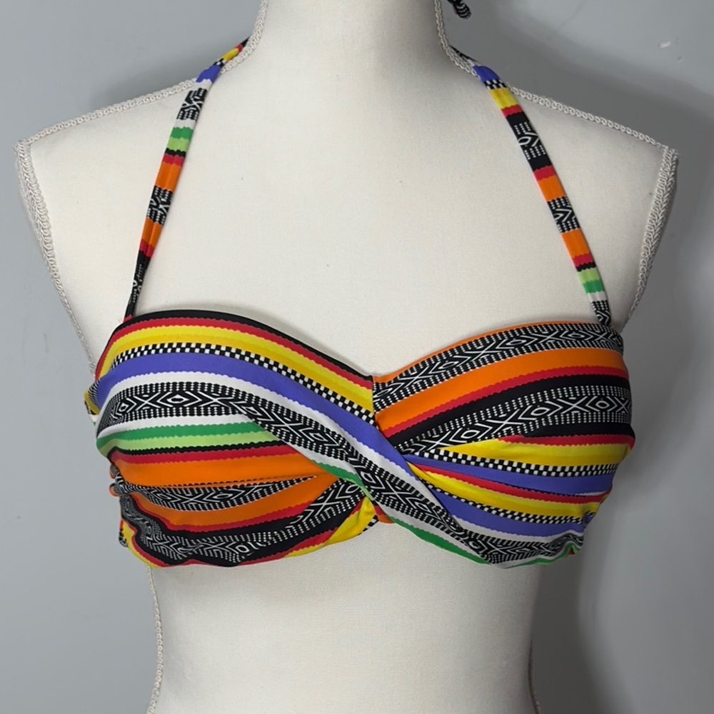 Multicolor Halter Bikini Top Colorful Padded Halter Push Up Striped Size Large